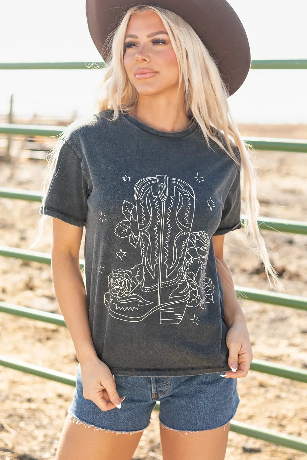Women's Graphic Tee - Cowboy Boots Print - Western Style