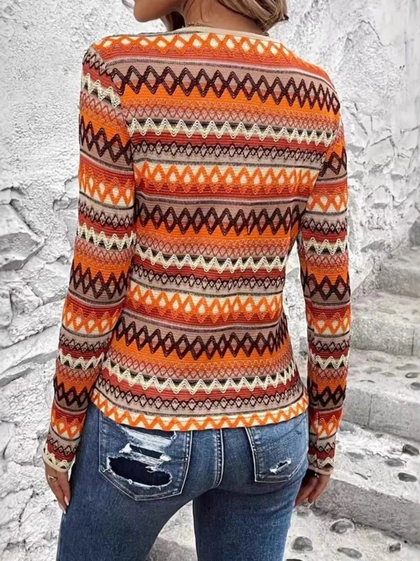 Geometric Pattern Long Sleeve Boho Top