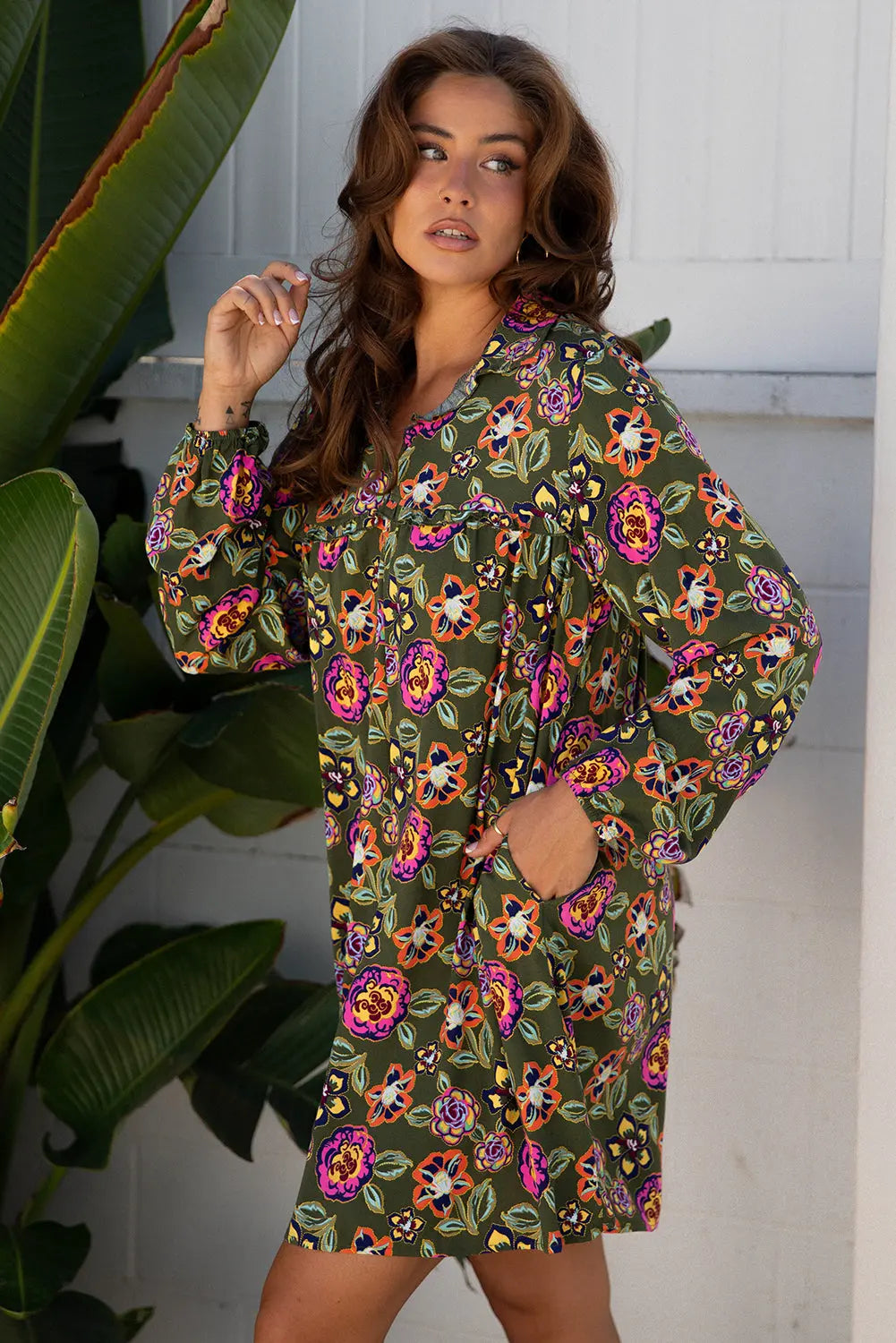 Floral Print Split Neck Bubble Sleeve Mini Dress