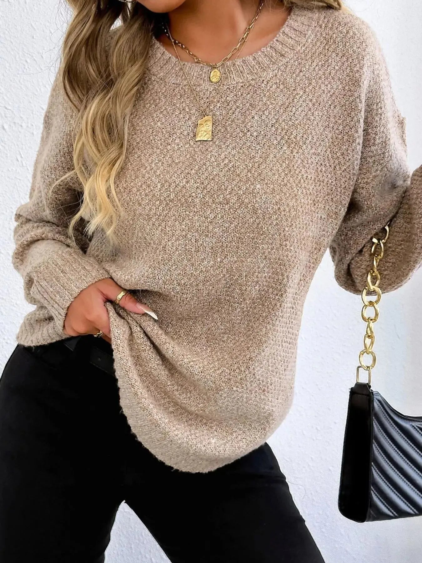 Round Neck Textured Knit Relaxed Fit Sweater
