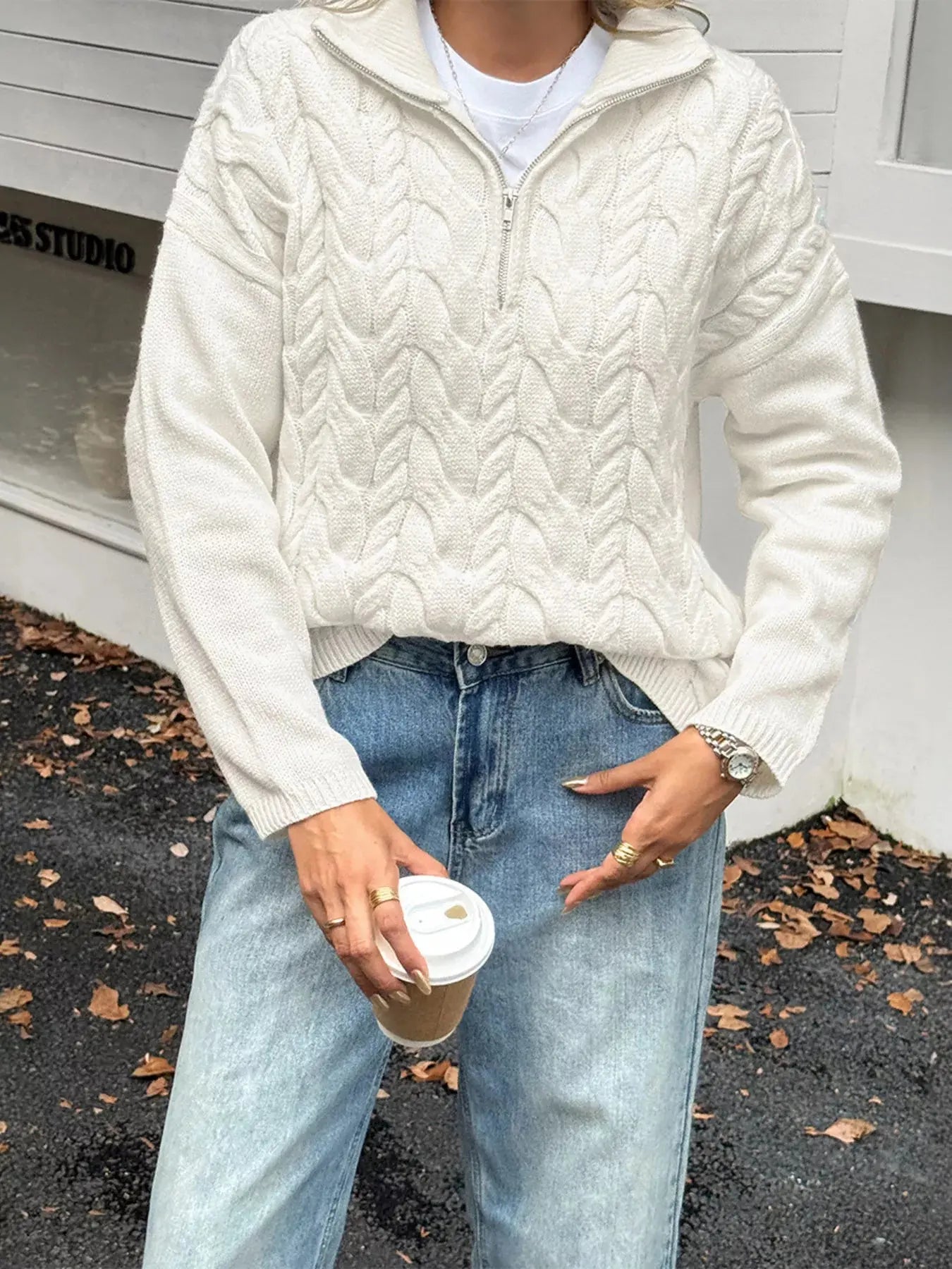 Zip Collar Cable Knit Sweater