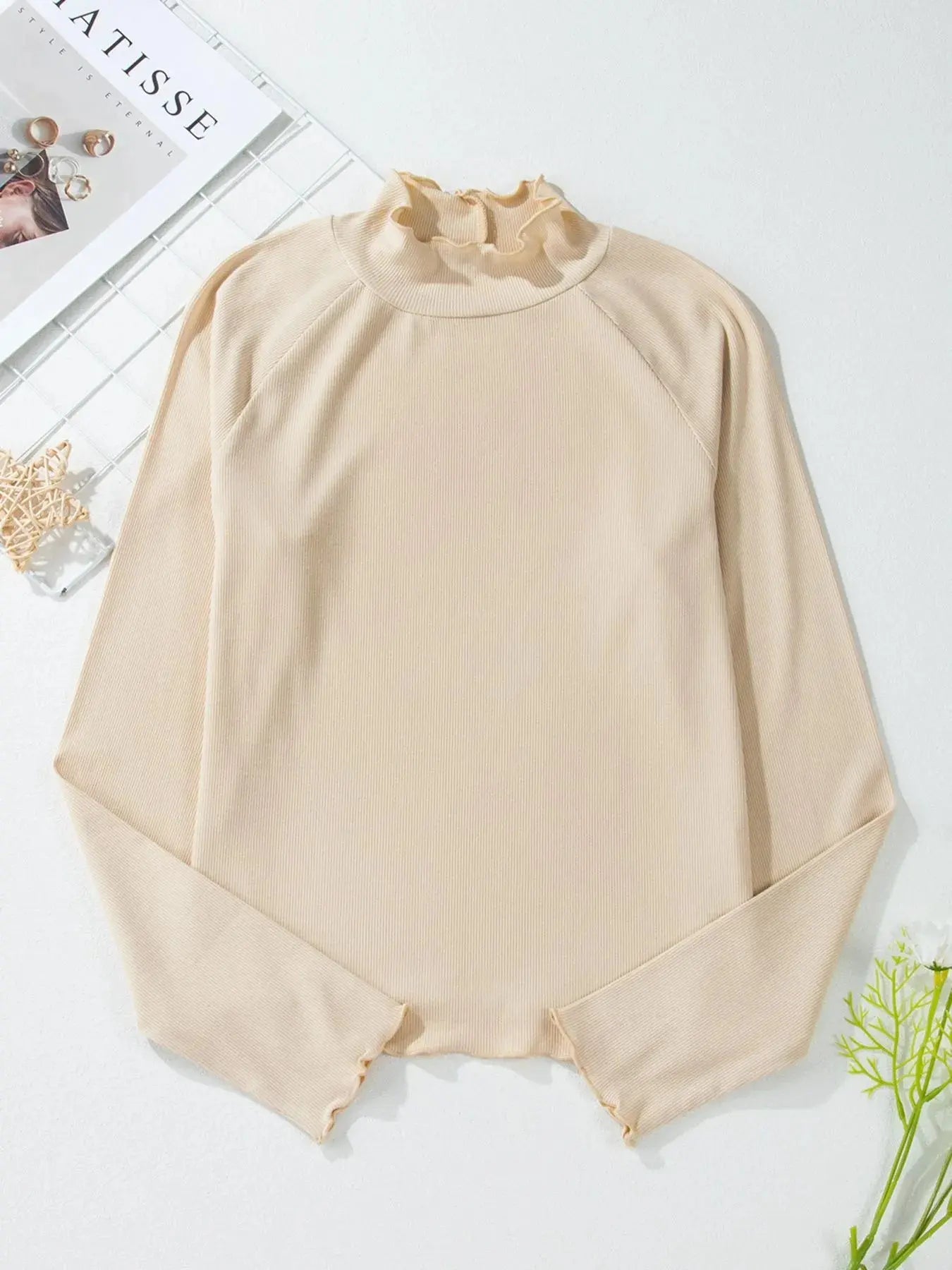 Ribbed Knit Lettuce Trim Long Sleeve Mock Neck Top