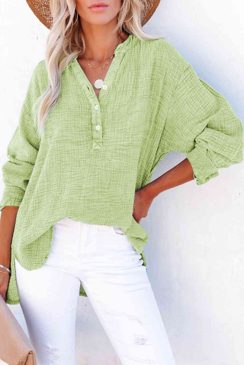 Women's Textured Cotton Buttoned Long Sleeve Blouse