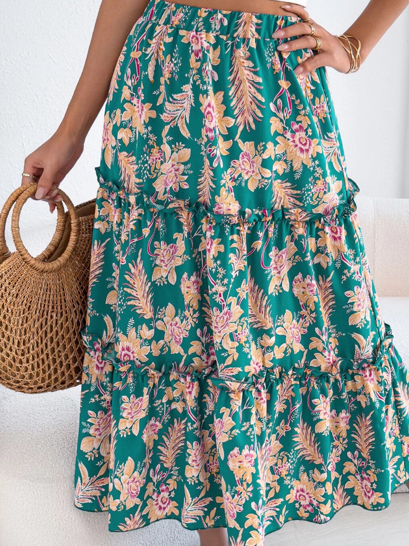 Floral Print Ruffle Hem Flowy Midi Skirt