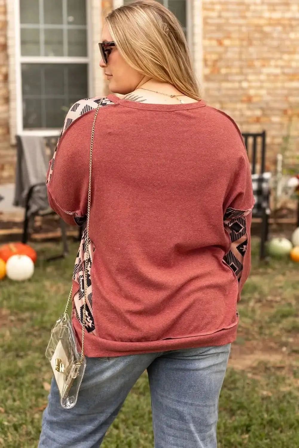 Plus Size Geometric Sweatshirt by Trendsi | Rust Color
