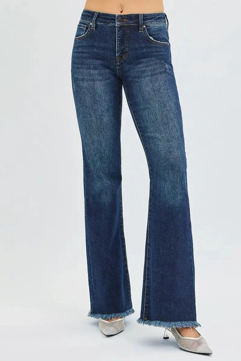 RISEN Jeans - Plus Size Tummy Control Mid Rise Flare Jeans with Raw Hem