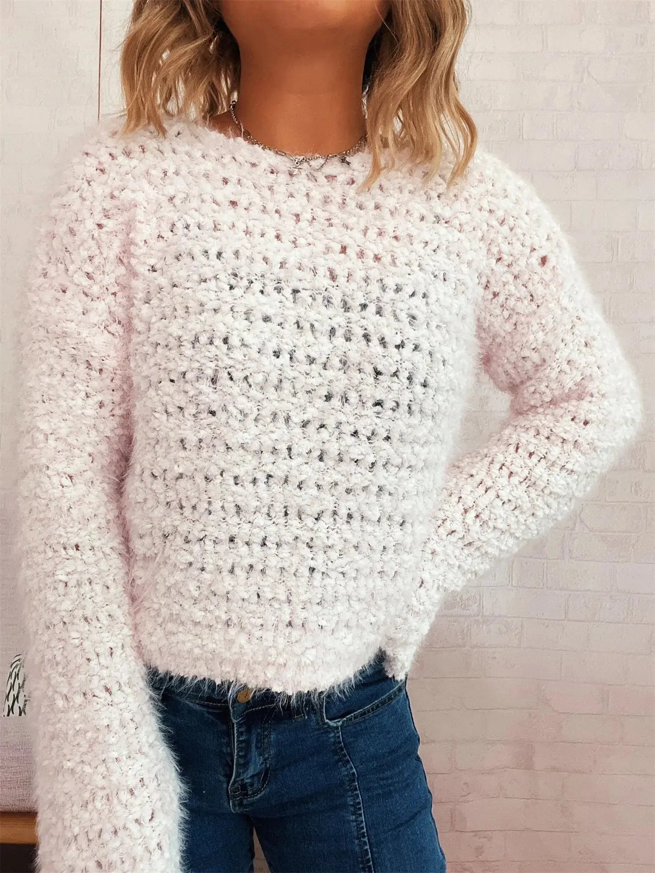 Crochet Dropped Shoulder Round Neck Sweater