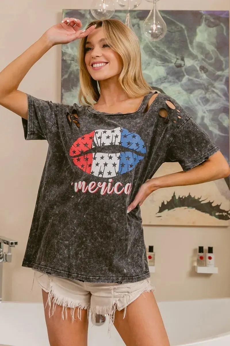 Women's Graphic T-Shirt Women's Tee - Laser Cut Patriotic Lip Print - Mineral Wash Graphic