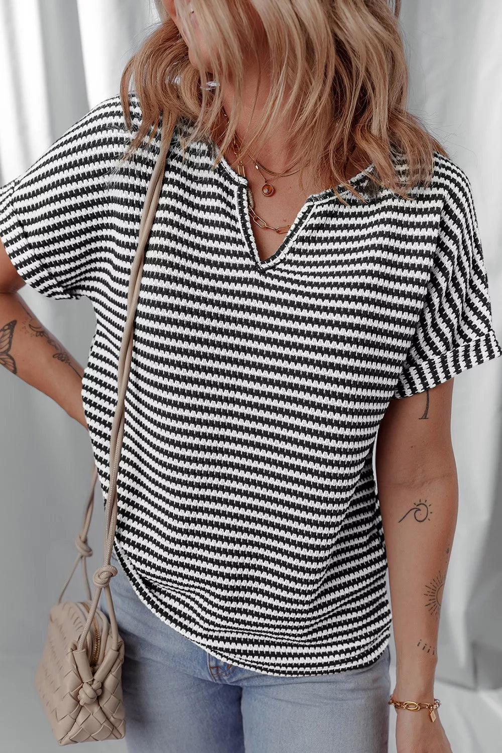 Stripe Textured Knit Notched Neck Cuffed Short Sleeve Shirt