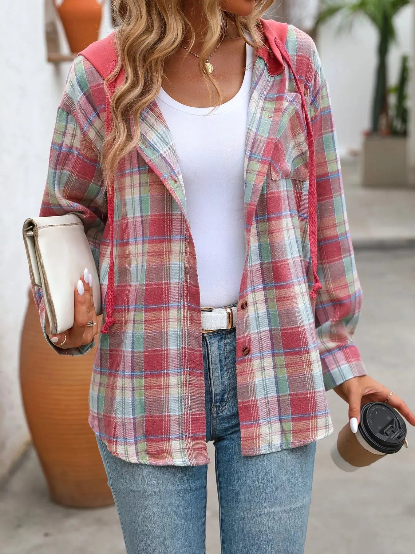Plaid Button-Up Oversized Hooded Shirt with Chest Pocket