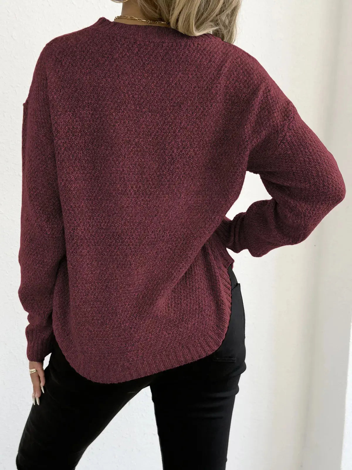 Round Neck Textured Knit Relaxed Fit Sweater
