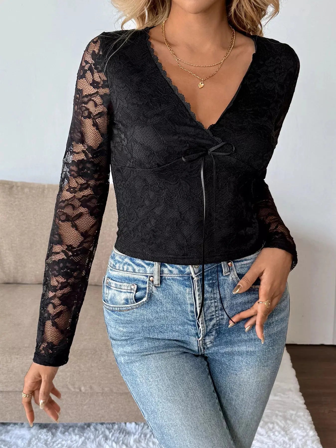 Long Sleeve Floral Lace Mesh Cropped Top