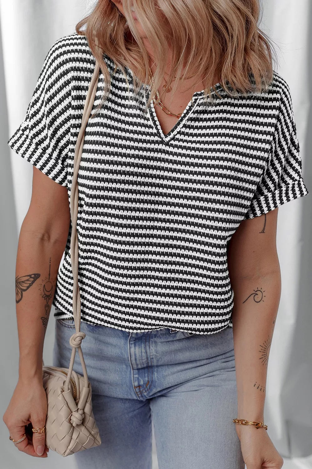 Stripe Textured Knit Notched Neck Cuffed Short Sleeve Shirt