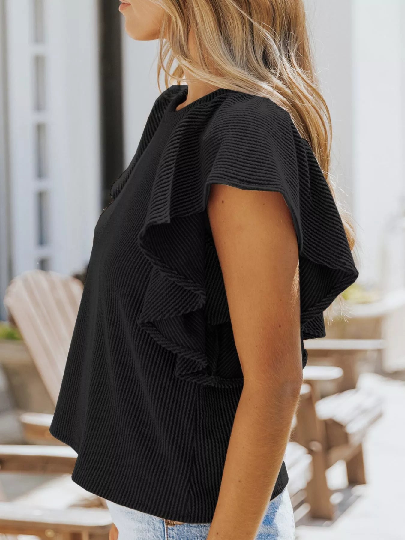 Full Size Ruffled Sleeve Ribbed Knit T Shirt