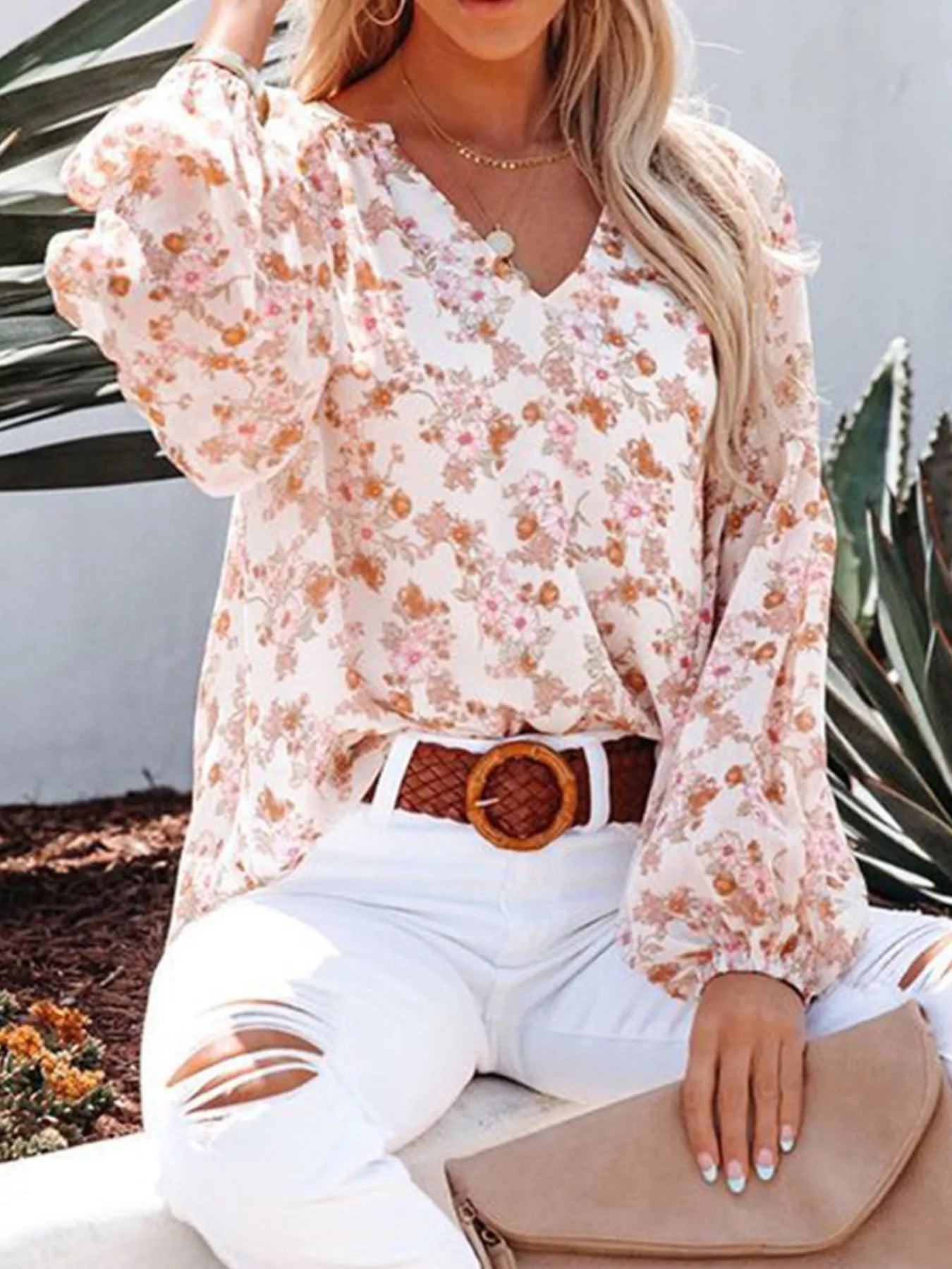 Full Size Floral Print V Neck Long Sleeve Blouse