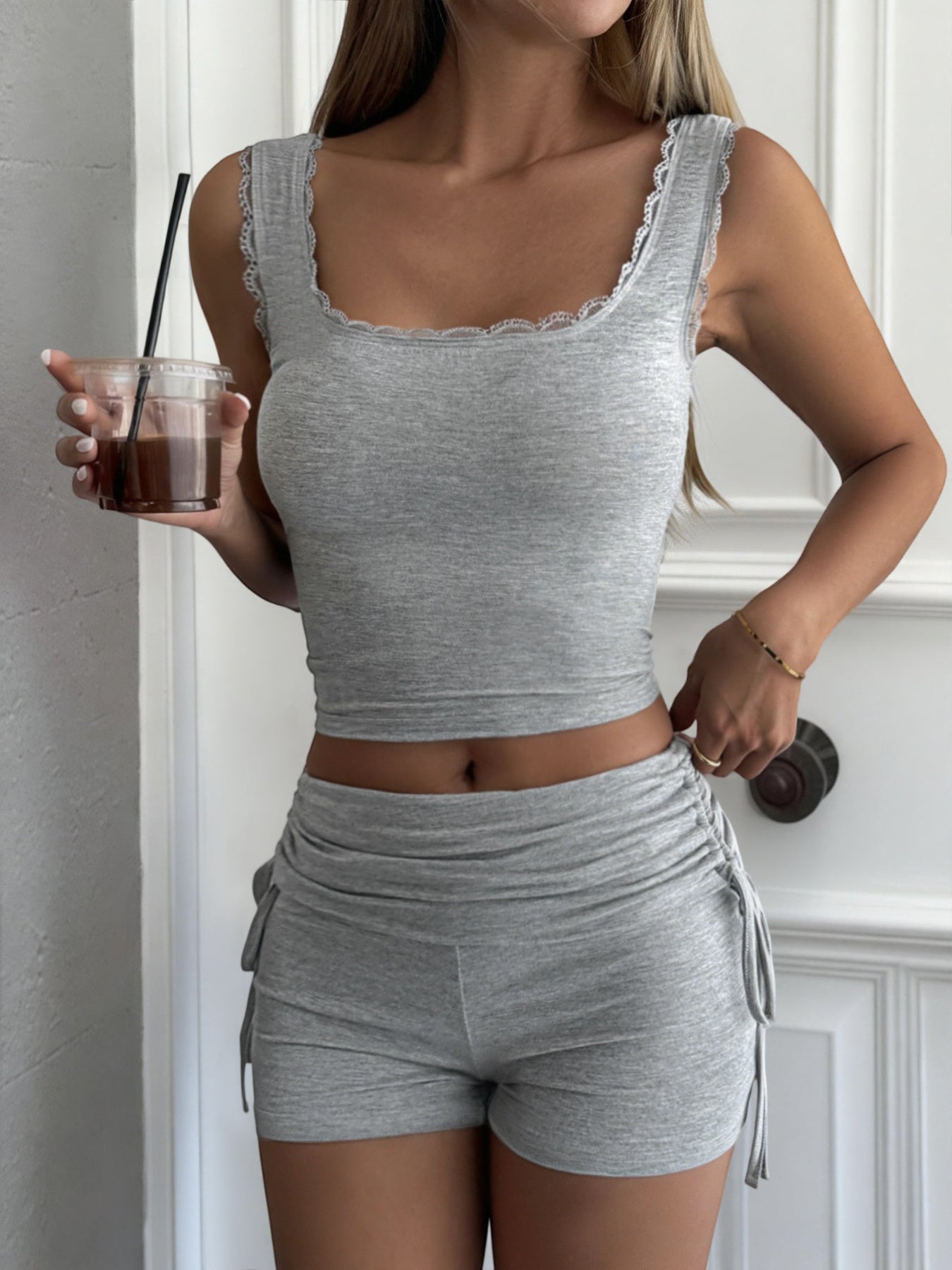 Lace Trim Tank Top and Shorts Lounge Set