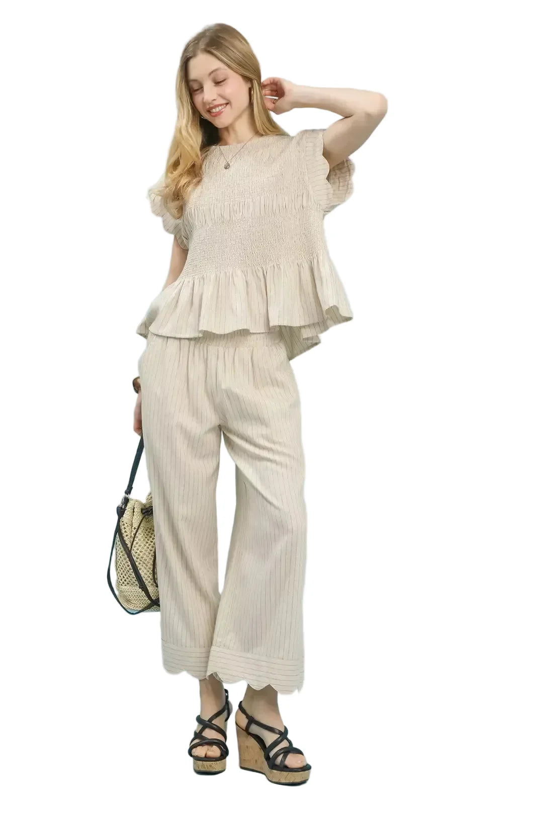 Beige Pinstripe Smocked Peplum Top