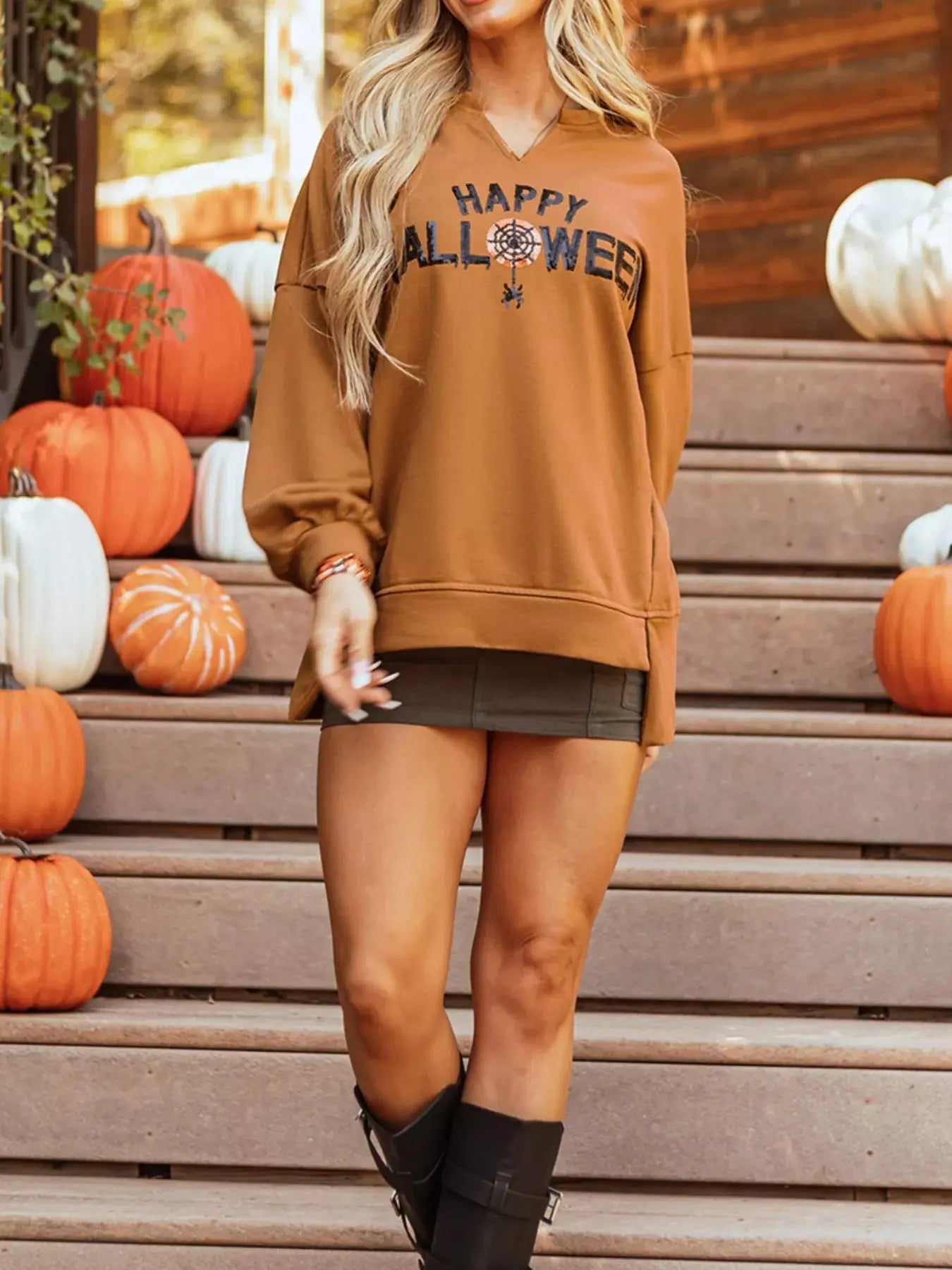 Notched Long Sleeve Oversized Happy Halloween Graphic Sweatshirt