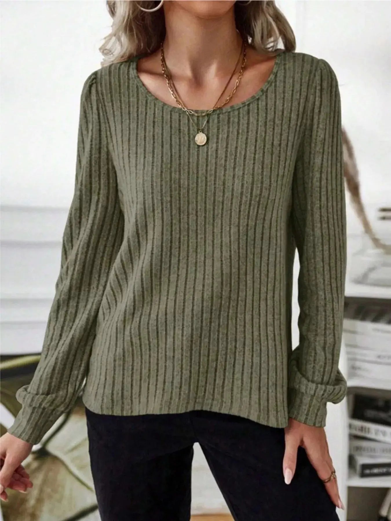 Ribbed Knit Long Sleeve T Shirt
