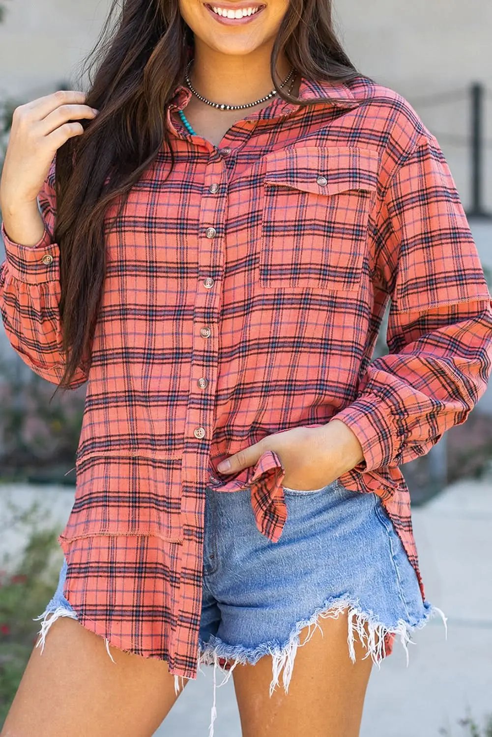 Love Salve Red Plaid Western Shirt — Distressed Cotton Top