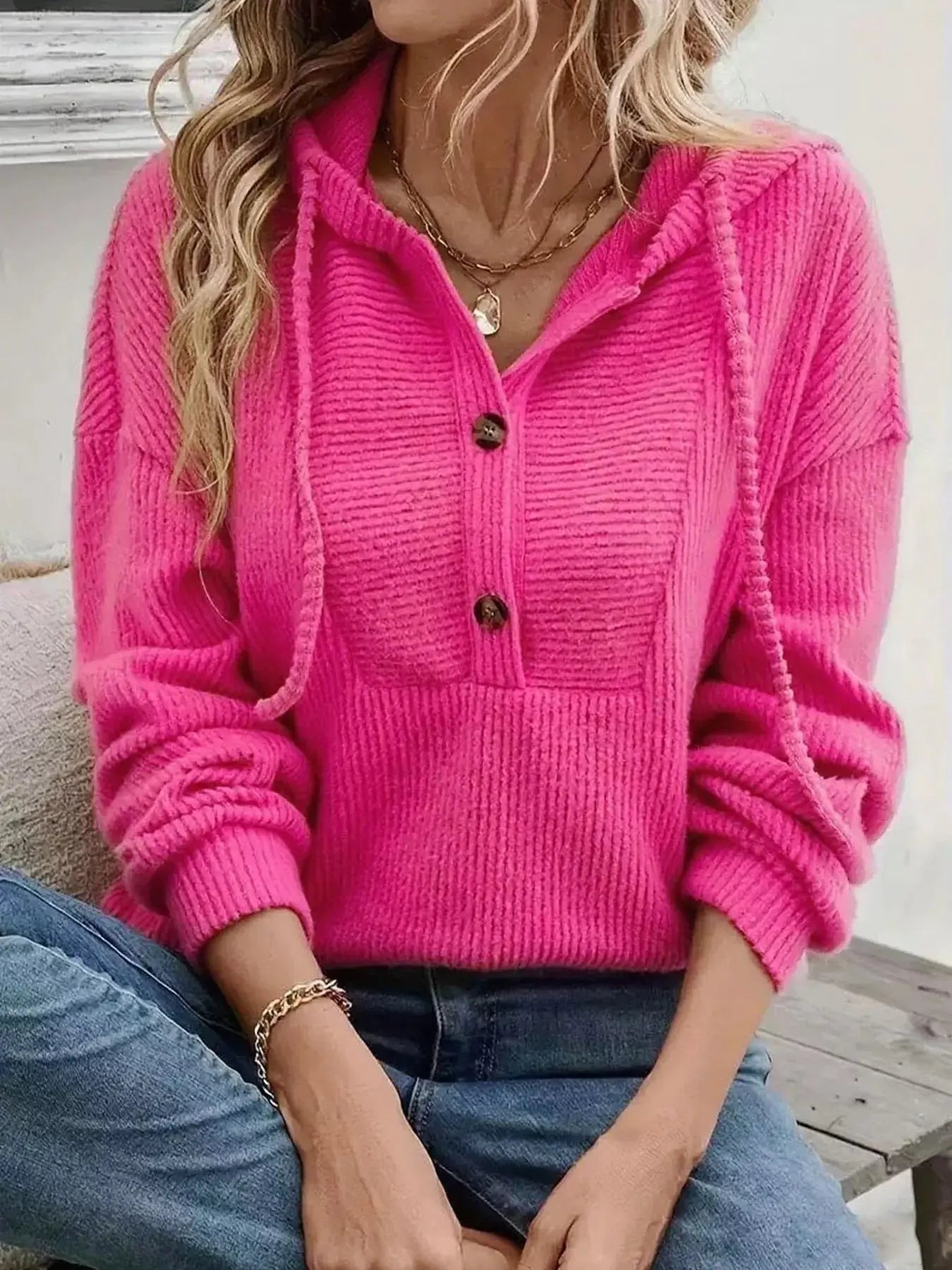 Button Front Drawstring Hoodie
