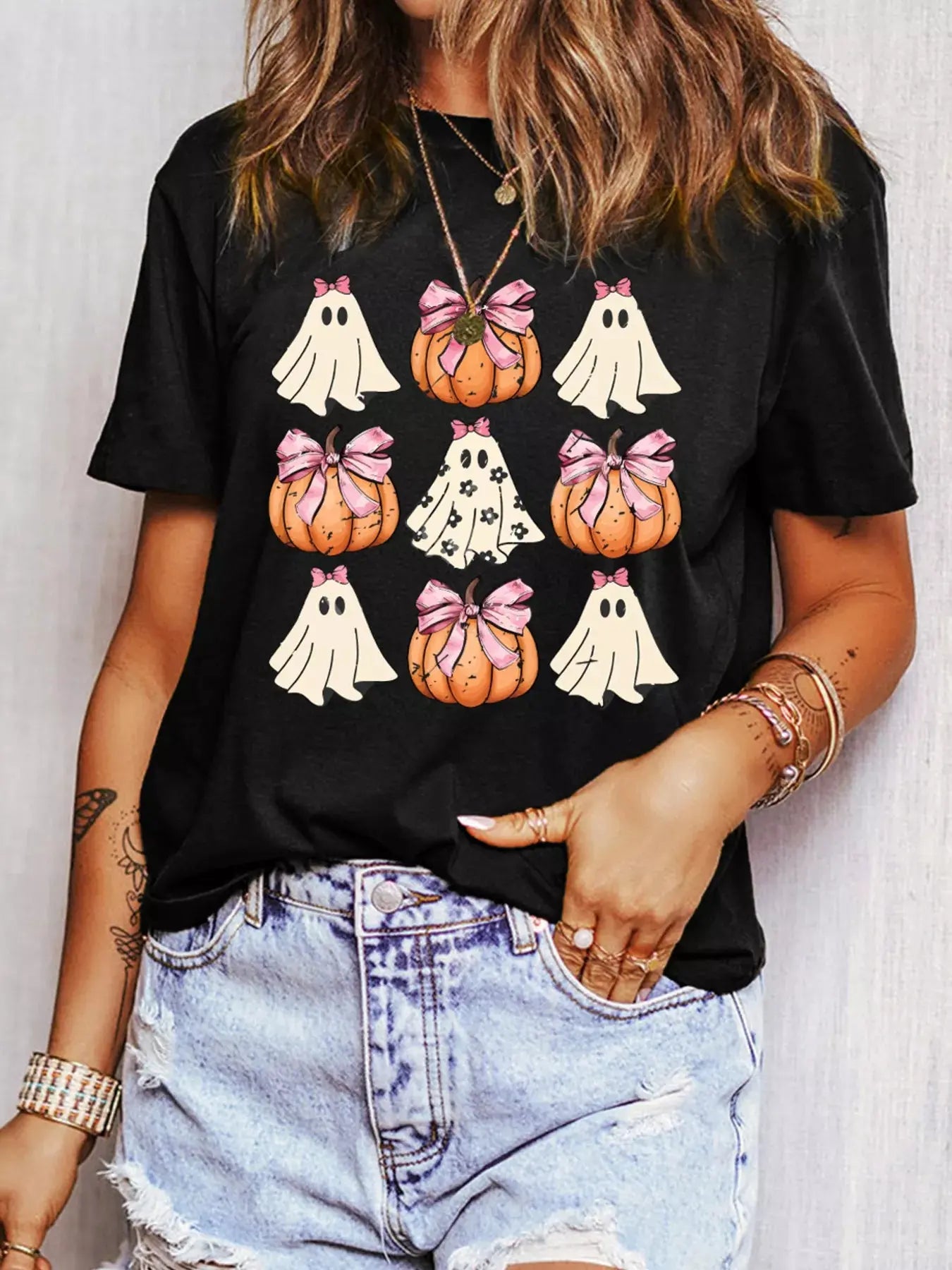 Bowknot Ghost Pumpkin Halloween Graphic T Shirt