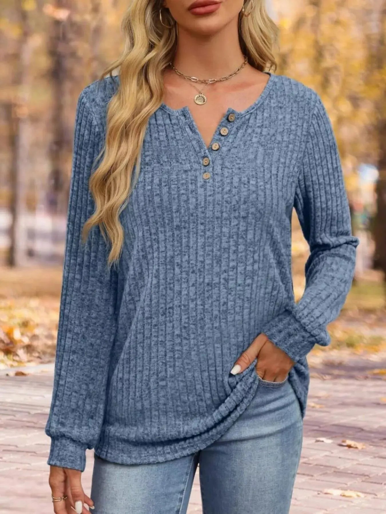 Ribbed Knit Button Front Long Sleeve T Shirt