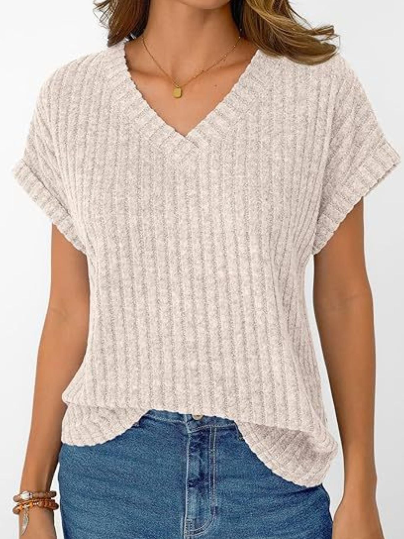 Ribbed Knit V Neck Relaxed Fit T Shirt
