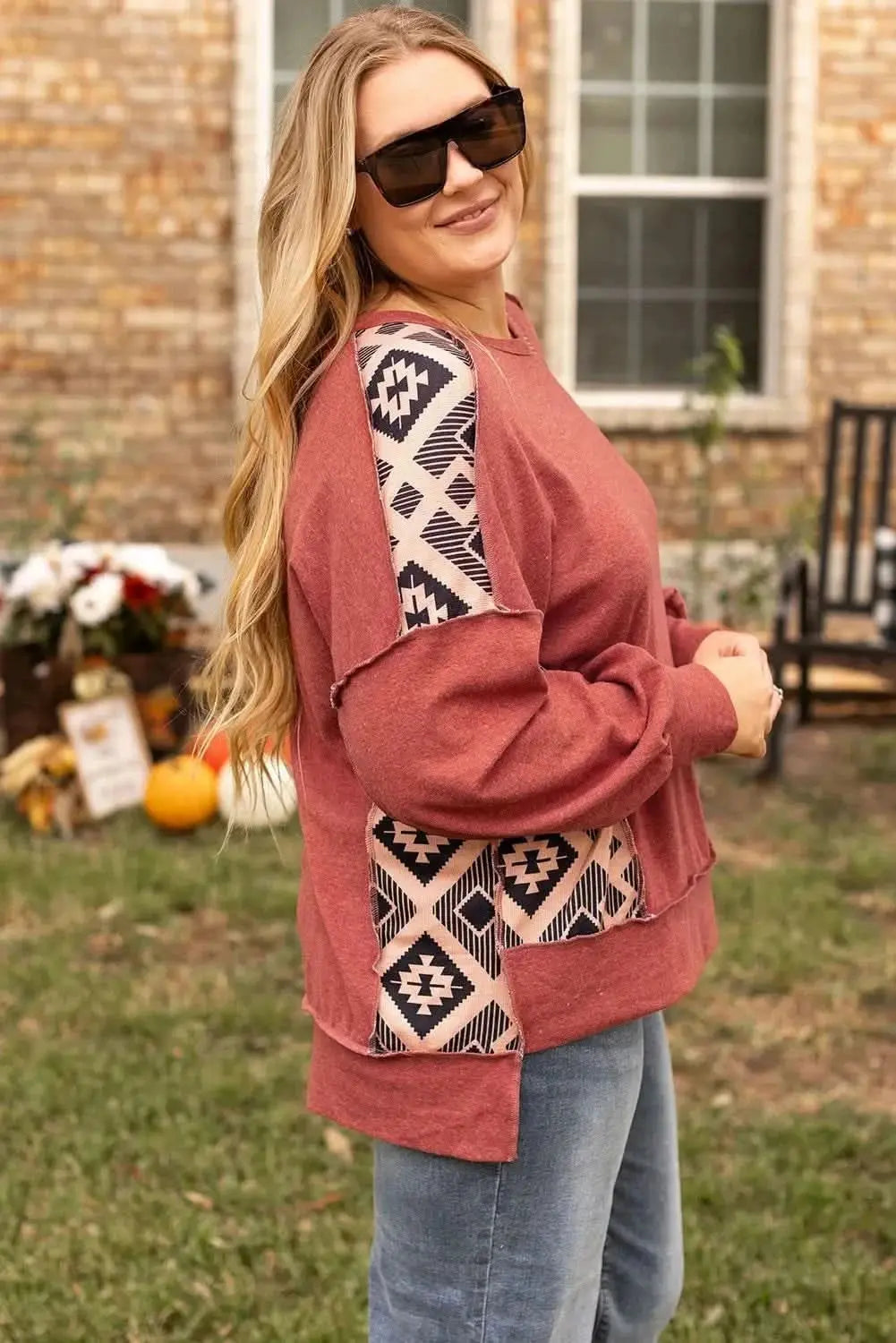 Plus Size Geometric Sweatshirt by Trendsi | Rust Color