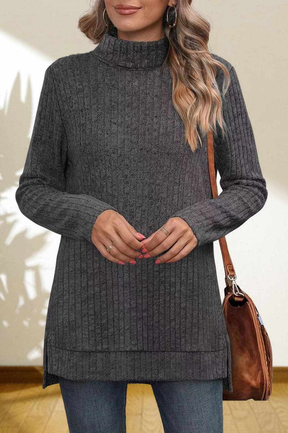 Cerise Turtleneck Sweater by Trendsi – Quality High-Low Hem Style