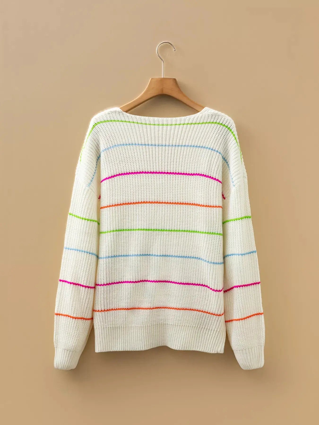 Colorful Striped Detail V-Neck Baggy Drop Shoulder Sweater