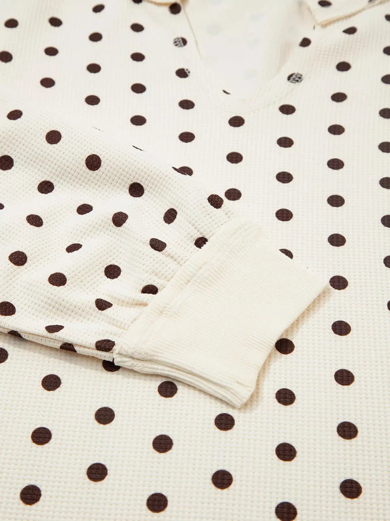 Polka Dot Notched Long Sleeve Top and Drawstring Loungewear Set