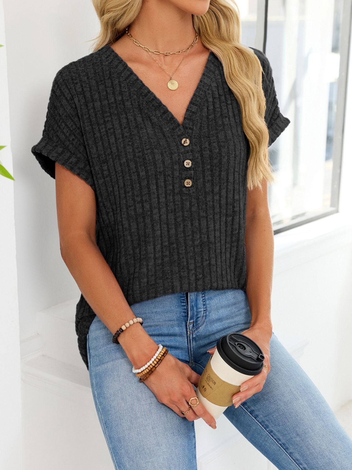 V Neck Ribbed Knit T Shirt