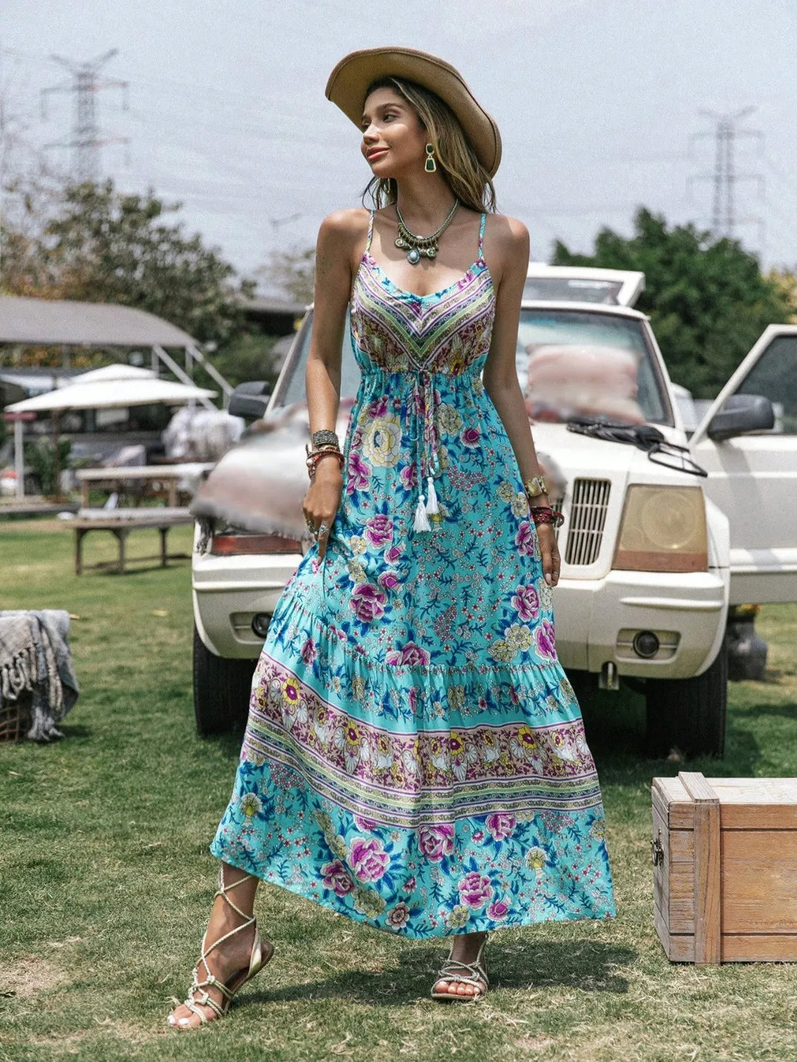 Boho Tassel Floral Print Tiered Cami Dress