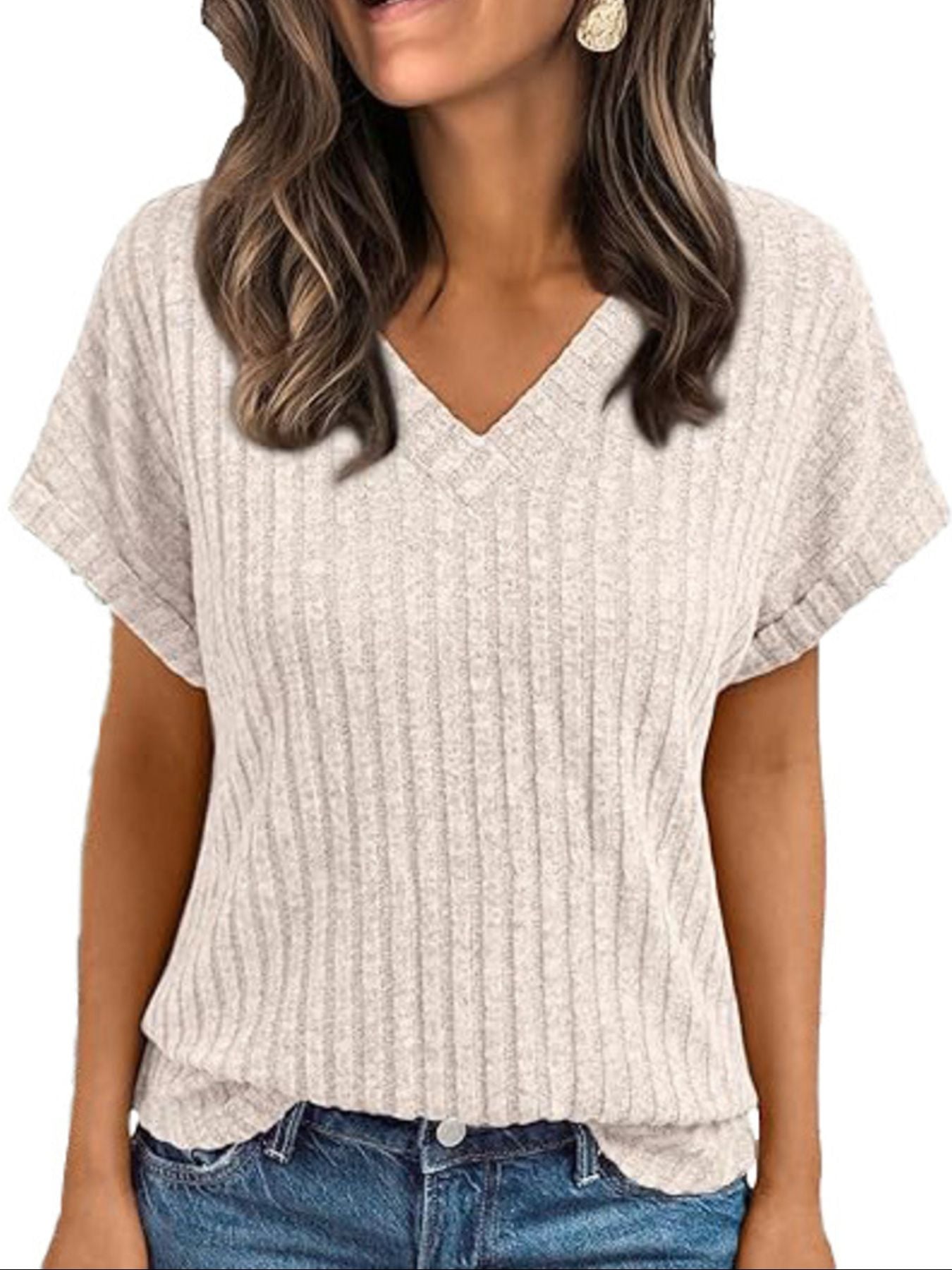 Ribbed Knit V Neck Relaxed Fit T Shirt