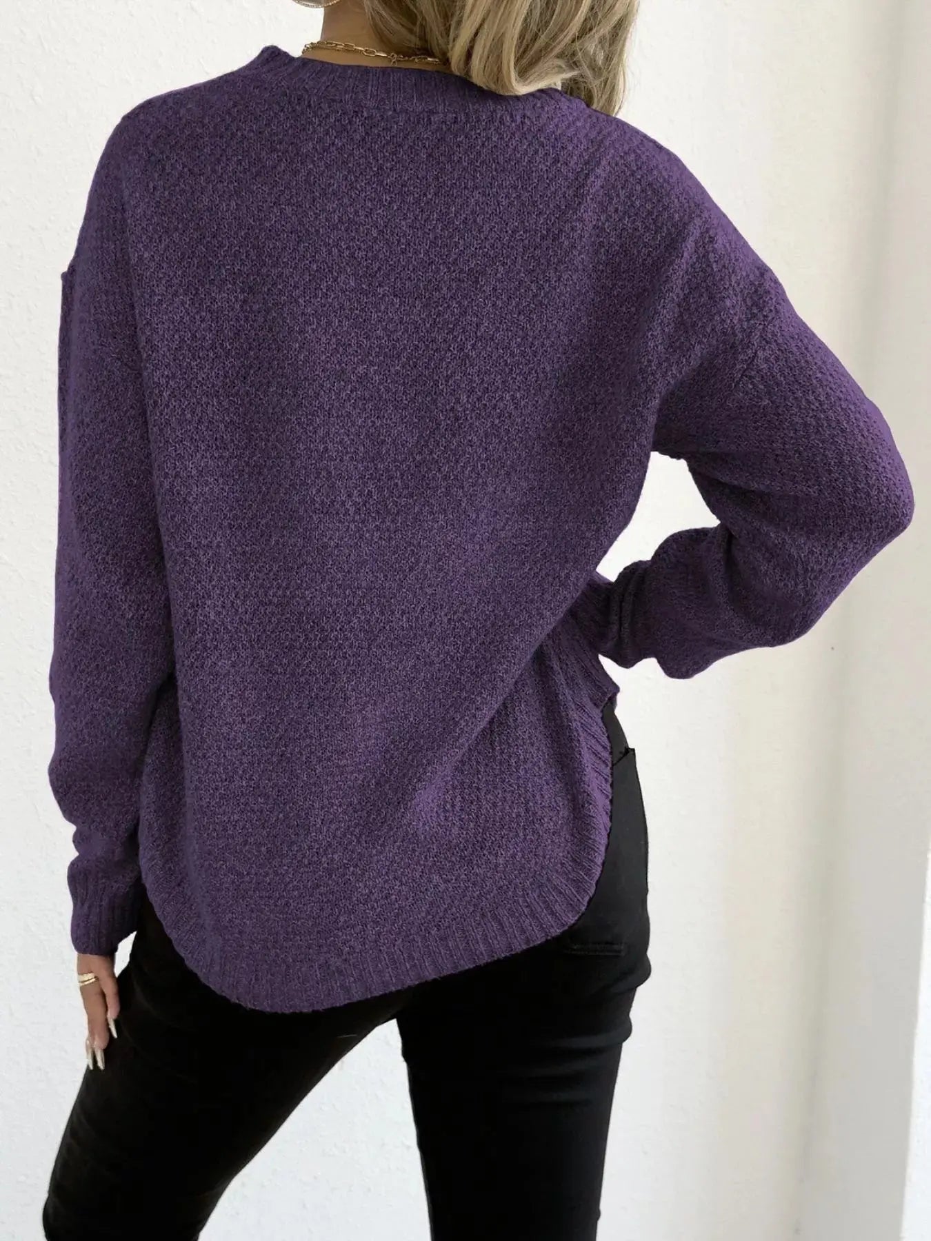Round Neck Textured Knit Relaxed Fit Sweater