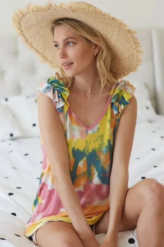 Trendsi Tie Dye Ruffle Knit Tank Top - V-Neck