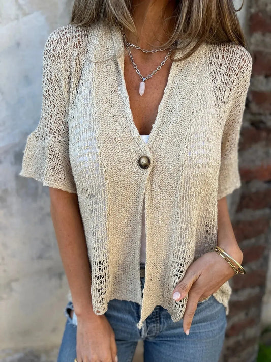 Full Size Knit Openwork One Button Cardigan