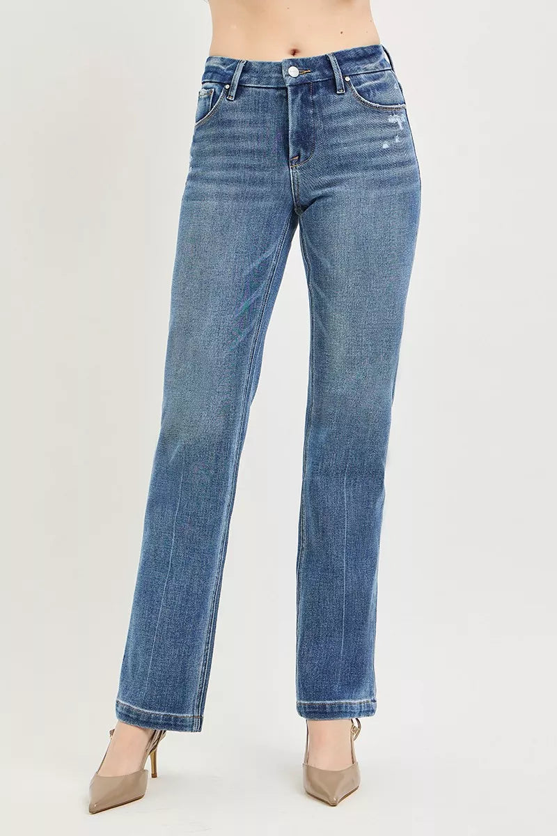 RISEN Tummy Control 4-Way Stretch Mid Rise Straight Jeans with Crease Line Detailing