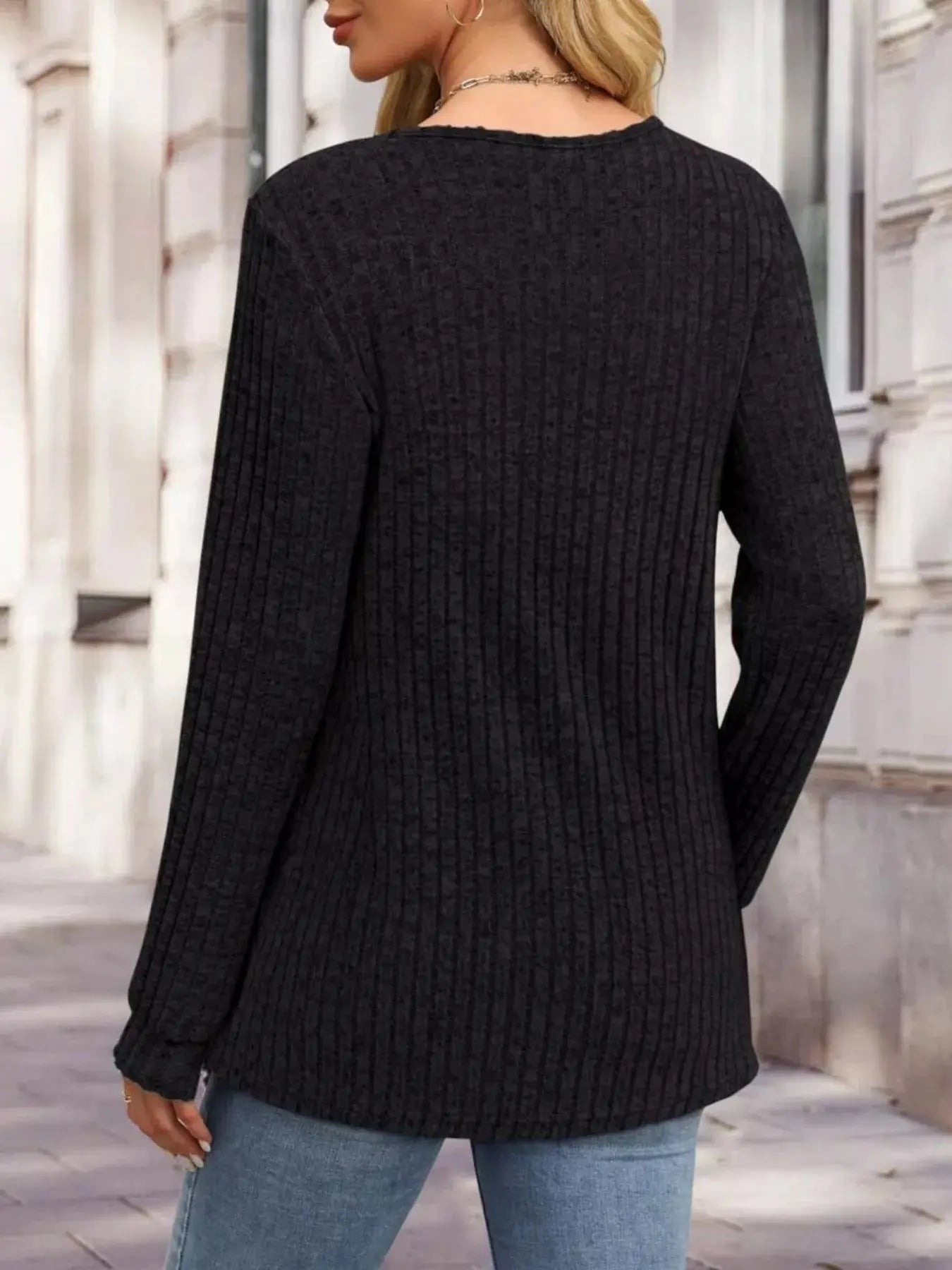 Ribbed Knit Button Front Long Sleeve T Shirt
