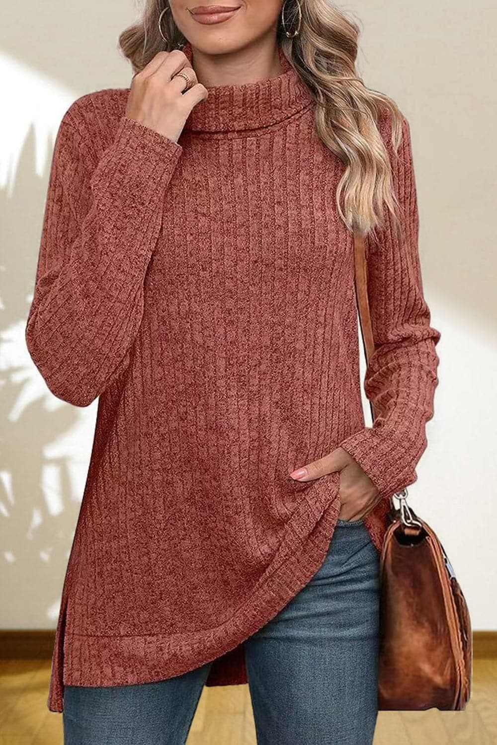 Cerise Turtleneck Sweater by Trendsi – Quality High-Low Hem Style