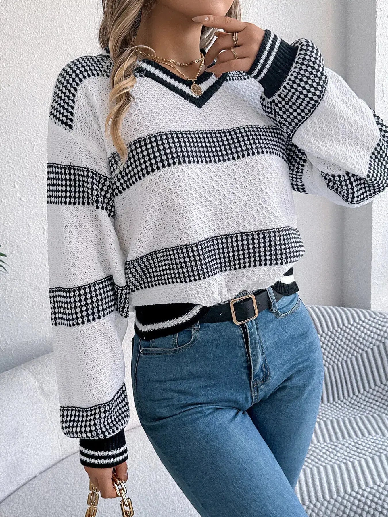 Contrast Striped V Neck Sweater