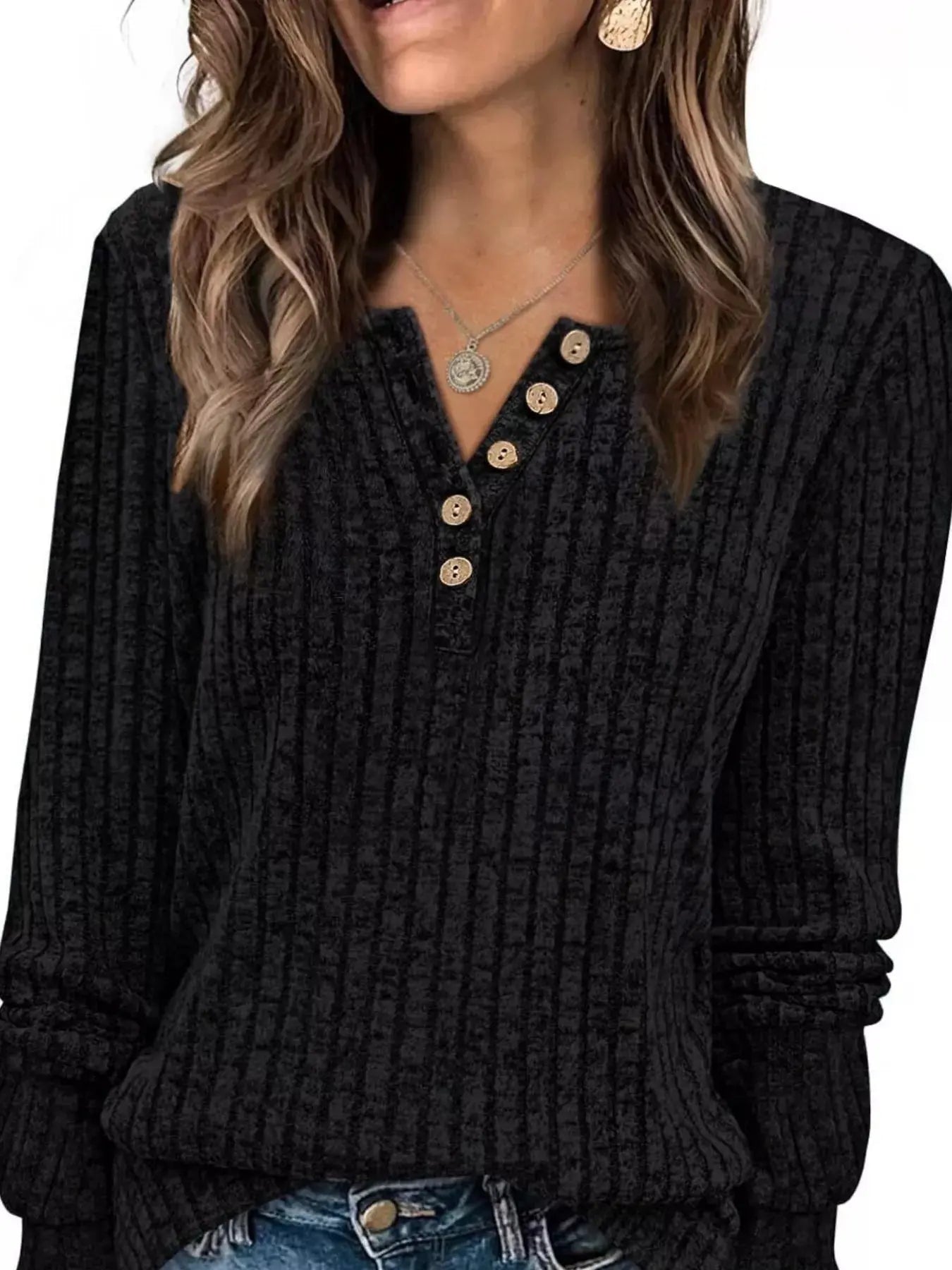Ribbed Knit Button Front Long Sleeve T Shirt