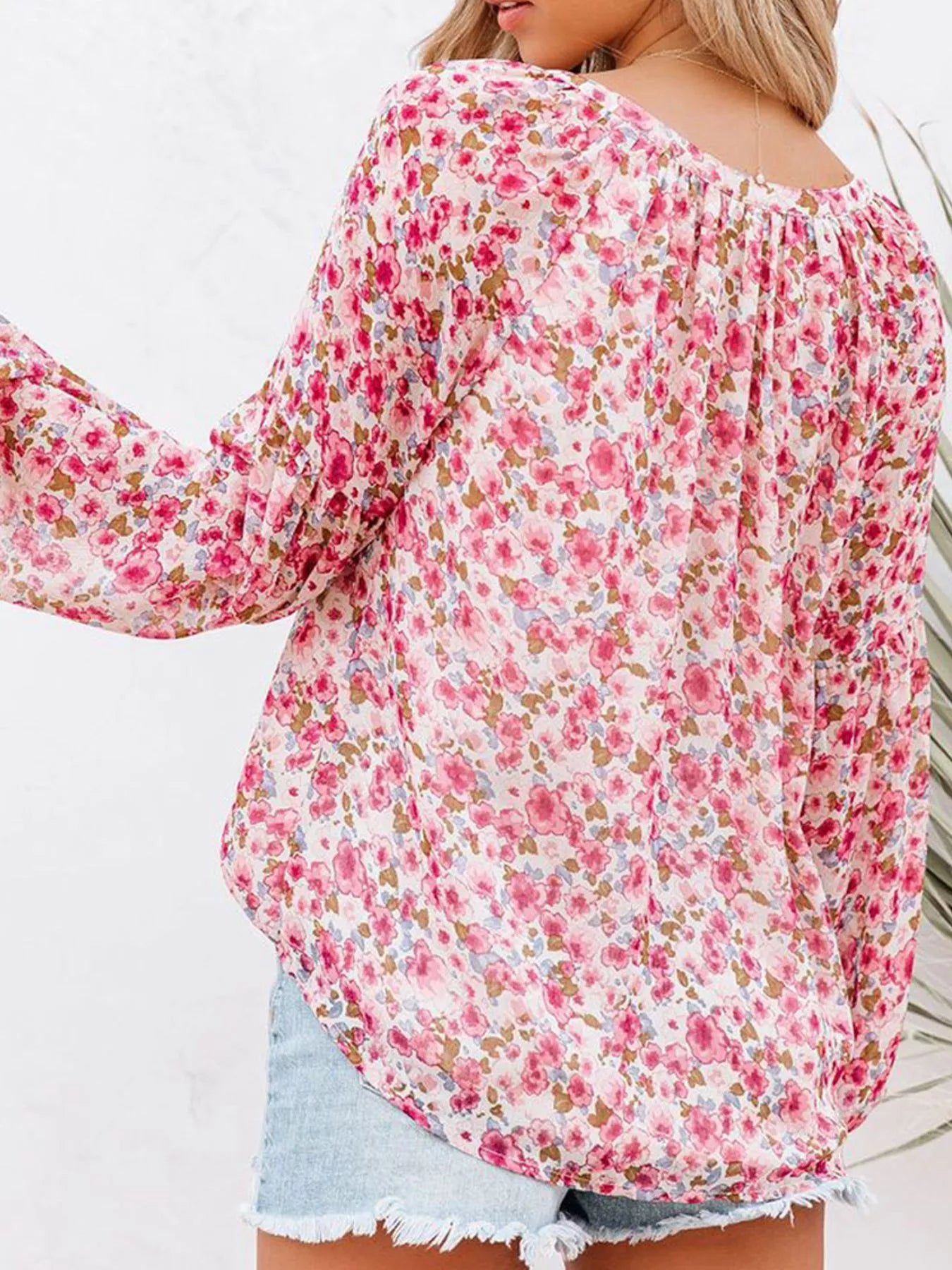 Full Size Floral Print V Neck Long Sleeve Blouse