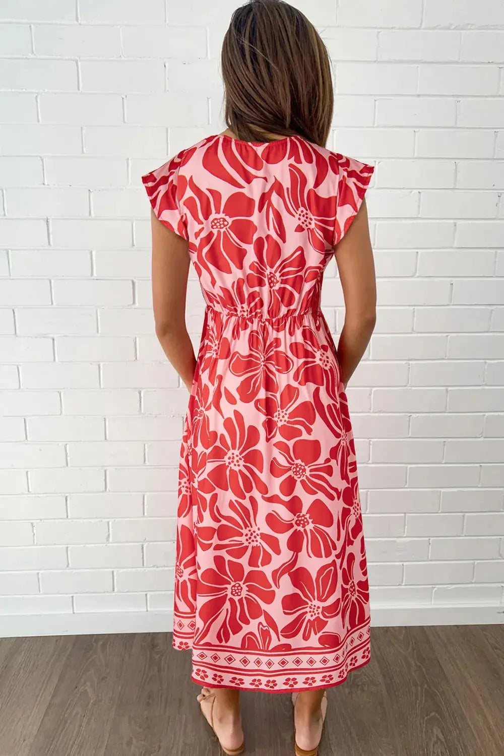 Floral Ruffled V Neck Midi Dress with Button Front
