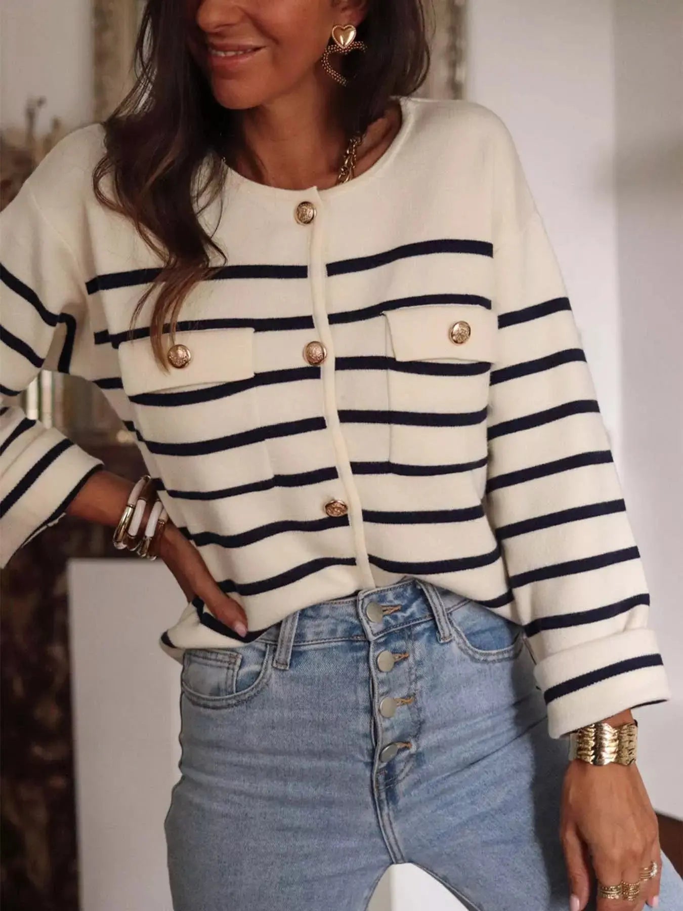 Striped Button Front Cardigan
