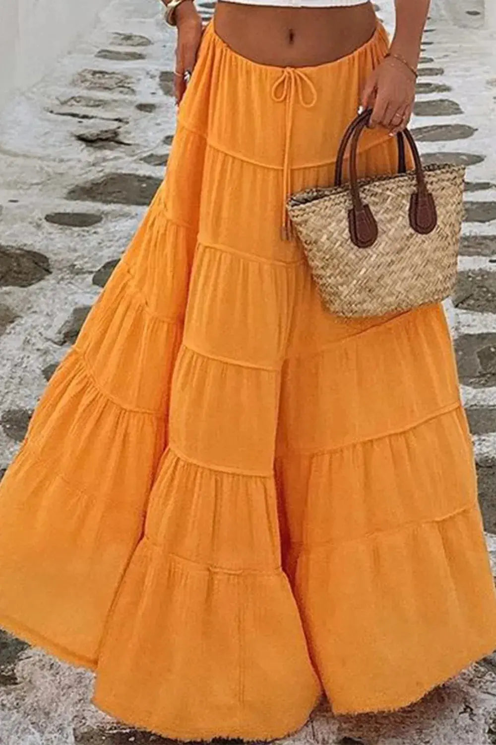 Boho Tiered Maxi Skirt with Drawstring Waist