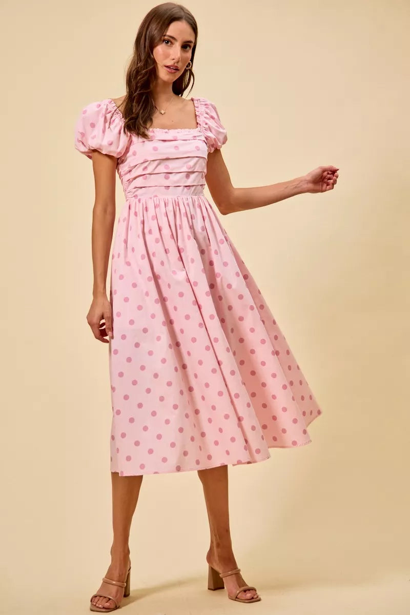 Polka Cotton Print Short Sleeves Pink Midi Dress