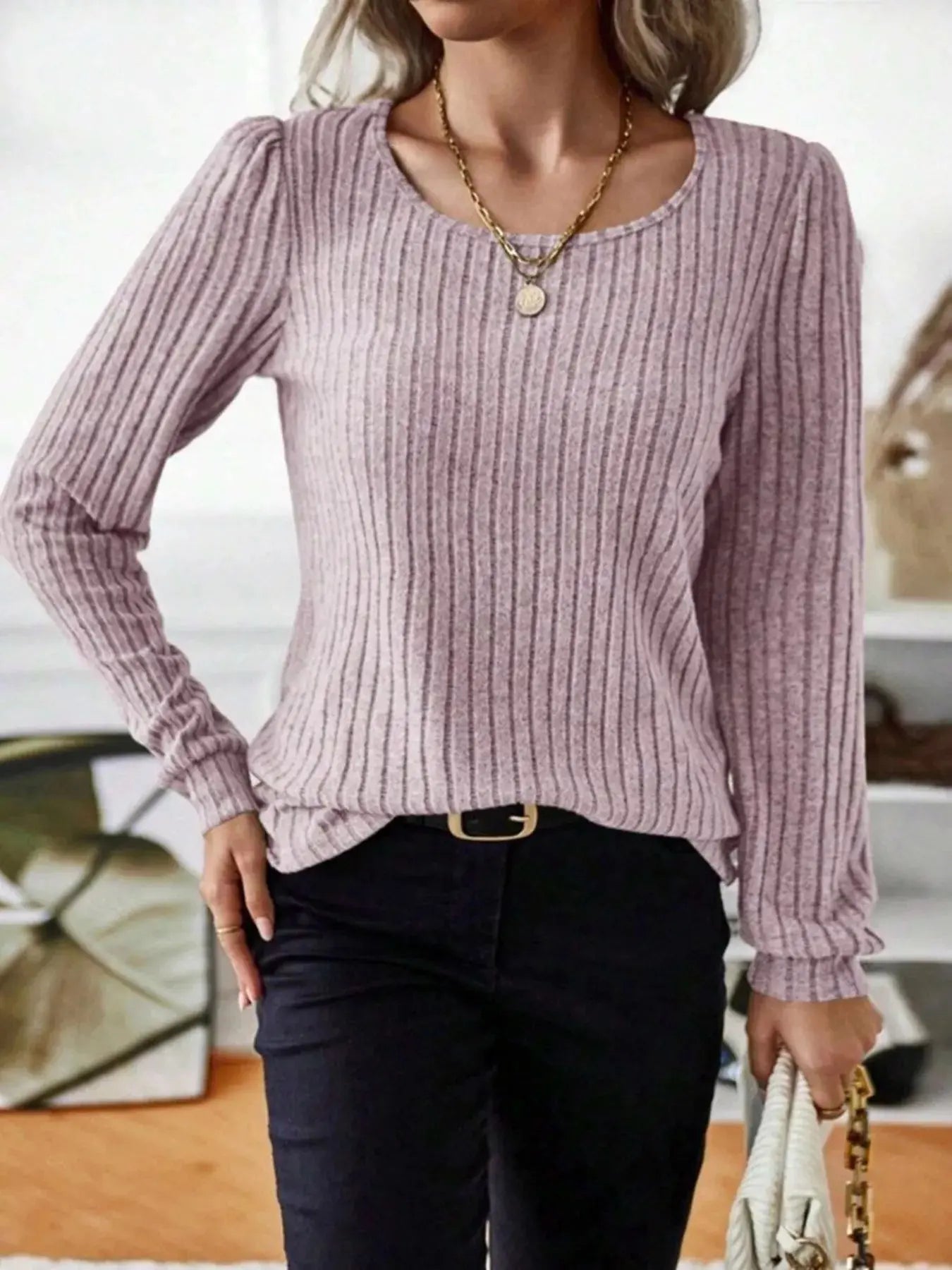 Ribbed Knit Long Sleeve T Shirt