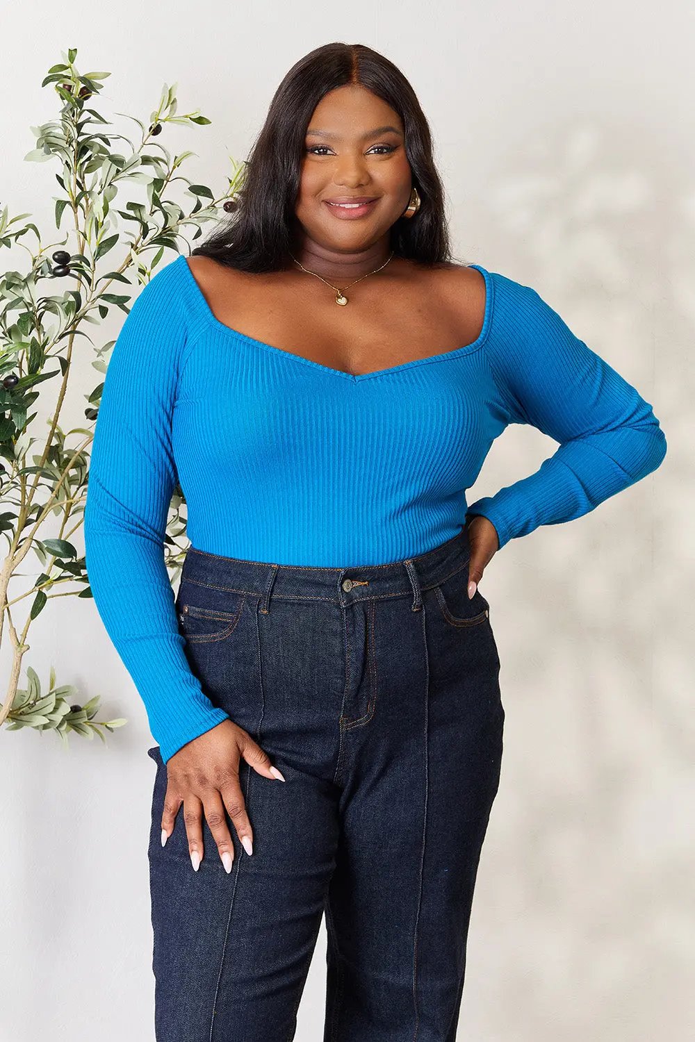 Ribbed Sweetheart Sweater Blue Teal Trendsi